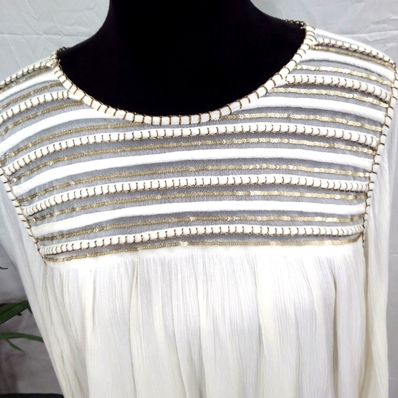 Forever 21 Off White/Gold Long Sleeve Crinkle BoHo Style Top - Picture 2 of 12